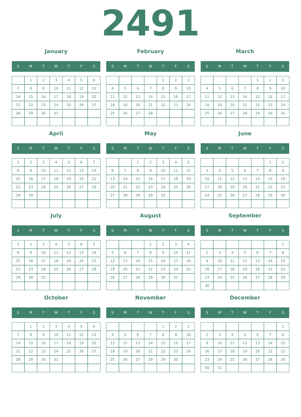 Printable 2491 Year Calendars viridian
