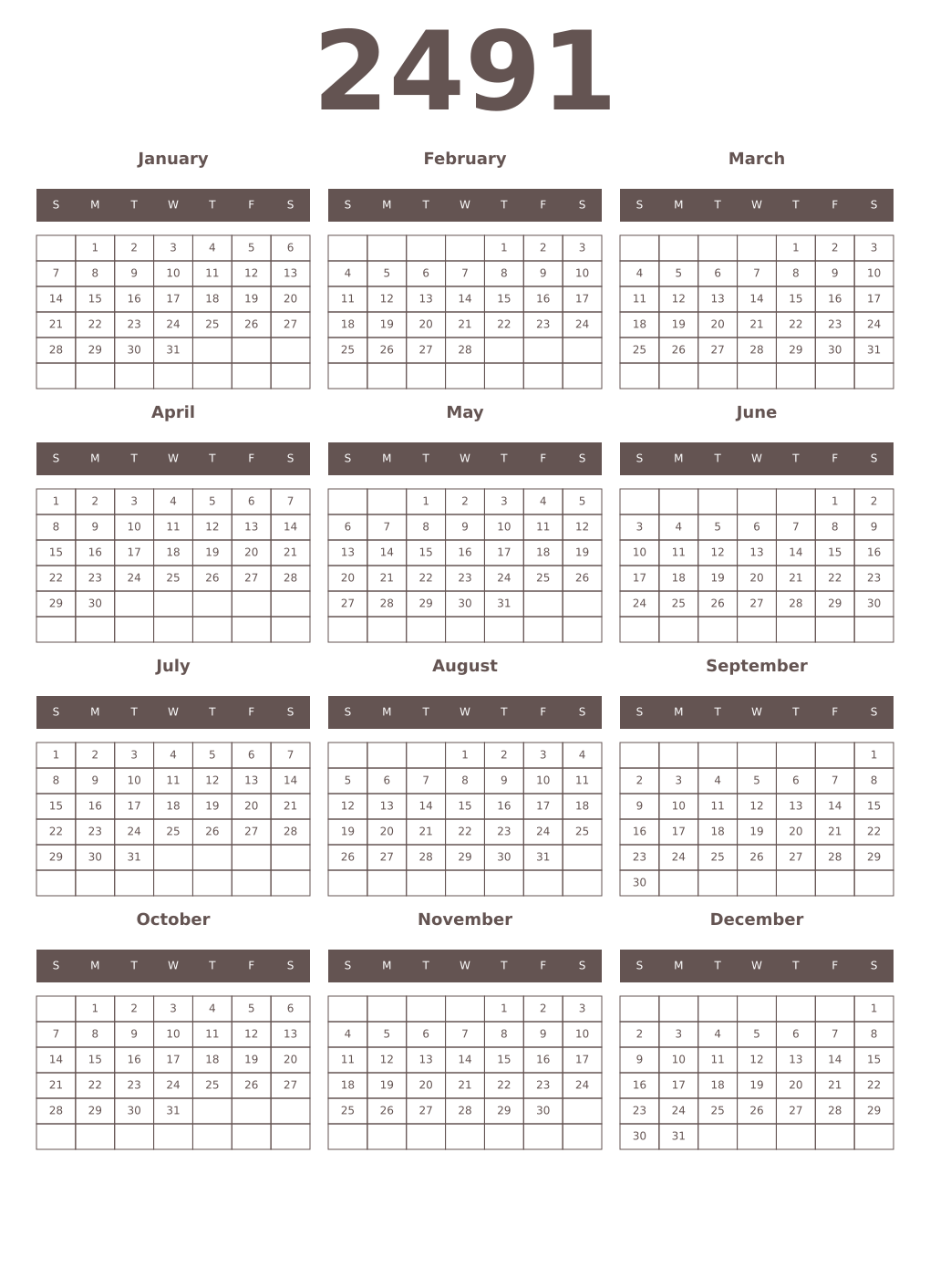 Printable 2491 Year Calendars wenge