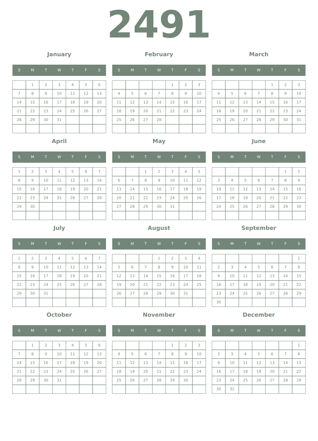Printable 2491 Year Calendars xanadu