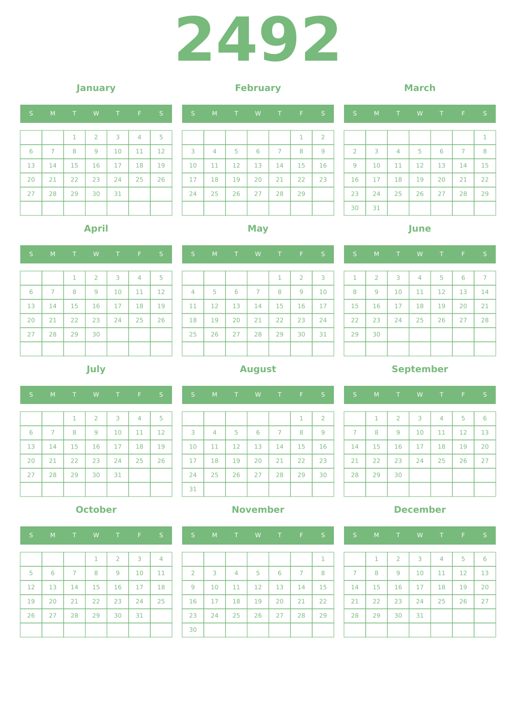 Printable 2492 Year Calendars celadon