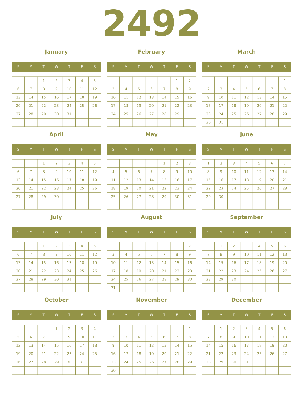 Printable 2492 Year Calendars eburnean