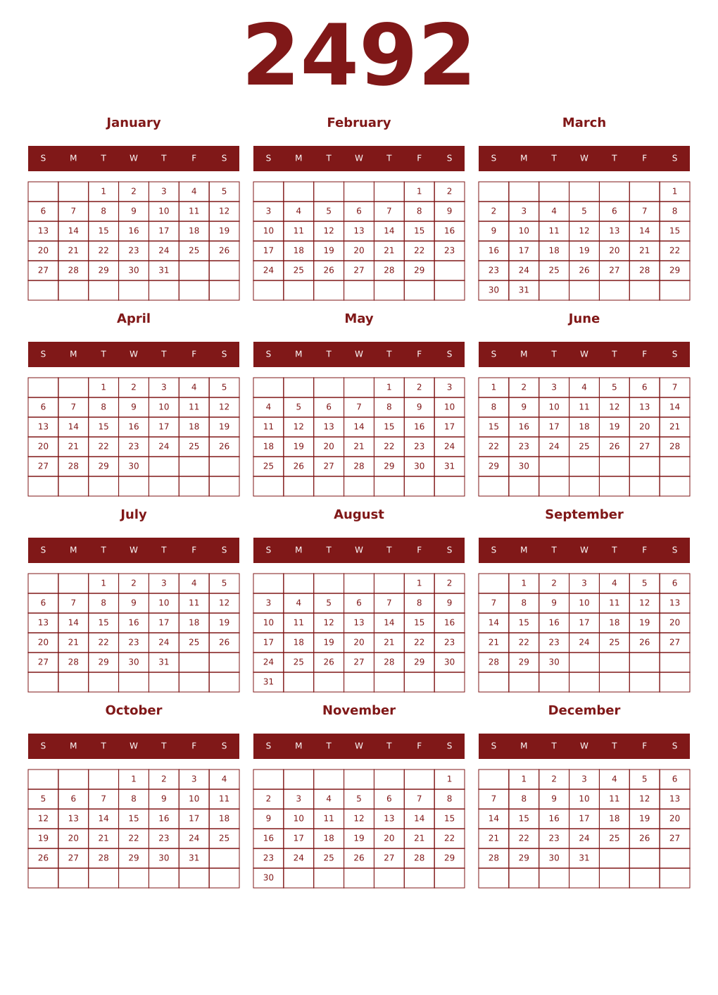 Printable 2492 Year Calendars falu