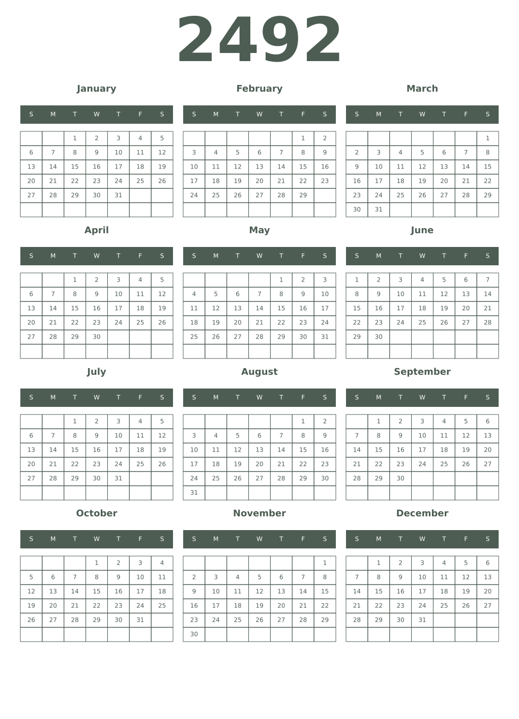Printable 2492 Year Calendars feldgrau