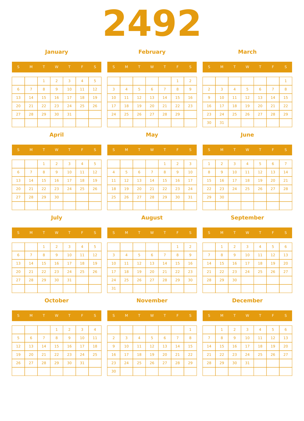 Printable 2492 Year Calendars gamboge