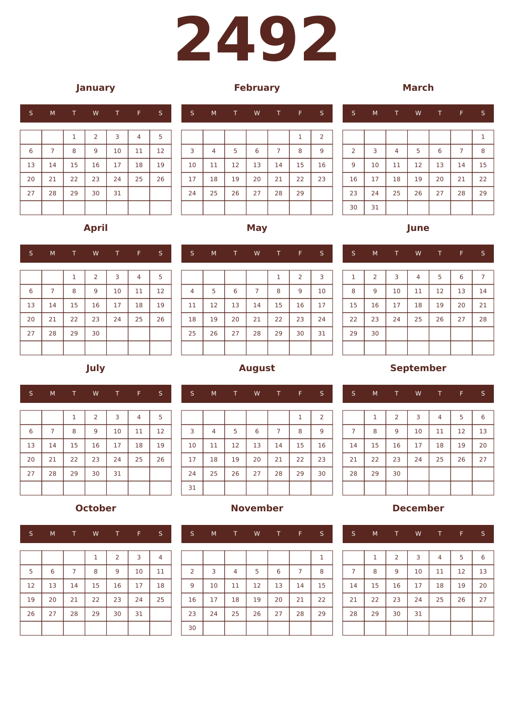 Printable 2492 Year Calendars mortuum