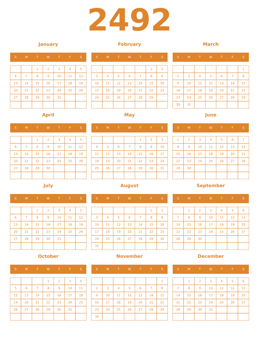 Printable 2492 Year Calendars orange