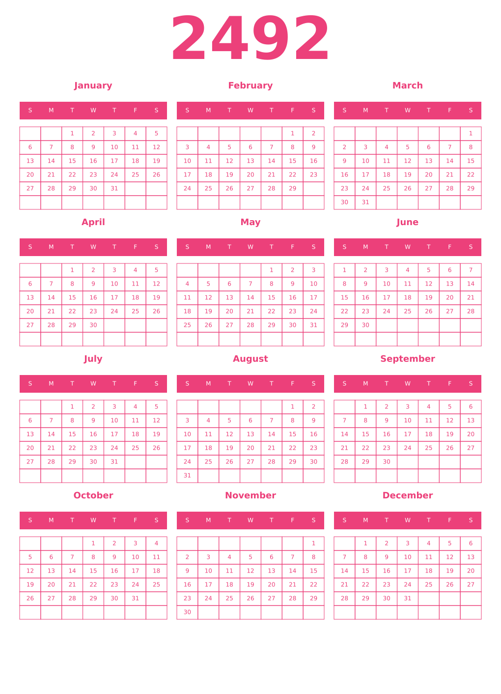 Printable 2492 Year Calendars pink