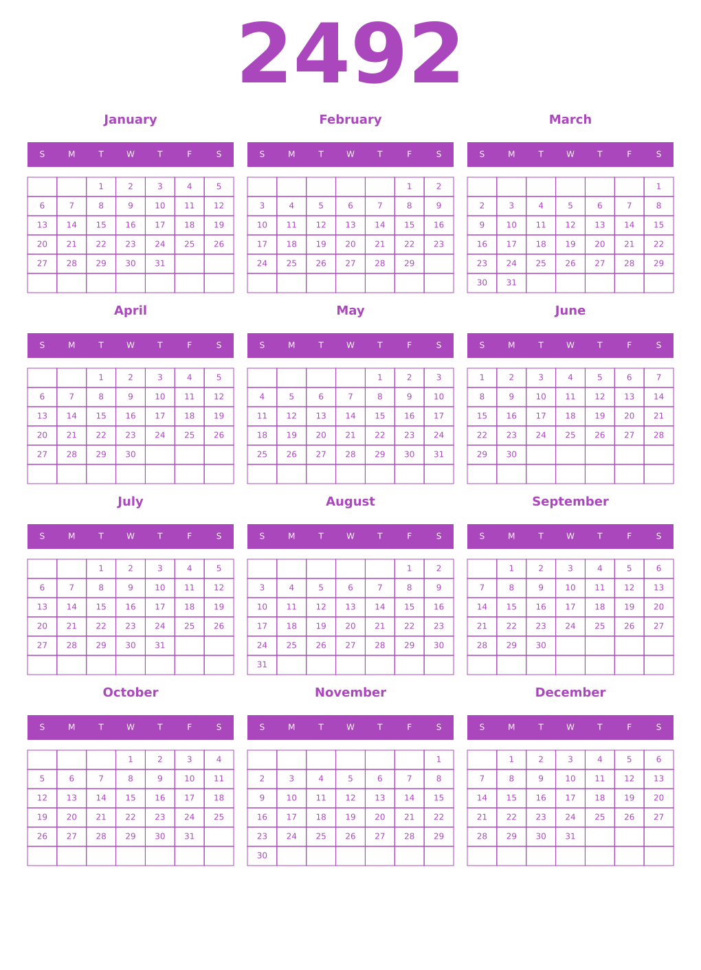 Printable 2492 Year Calendars purple