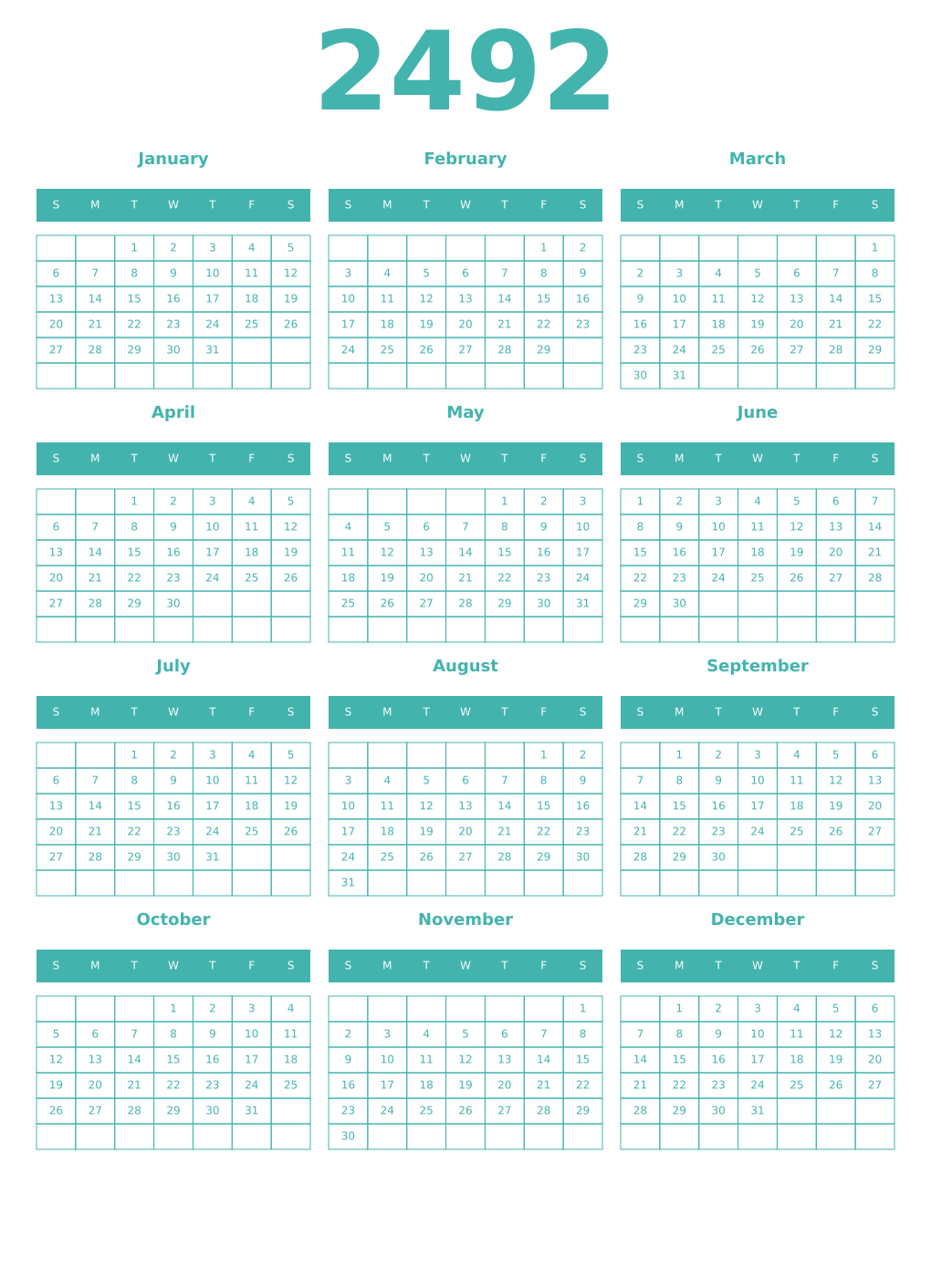 Printable 2492 Year Calendars verdigris