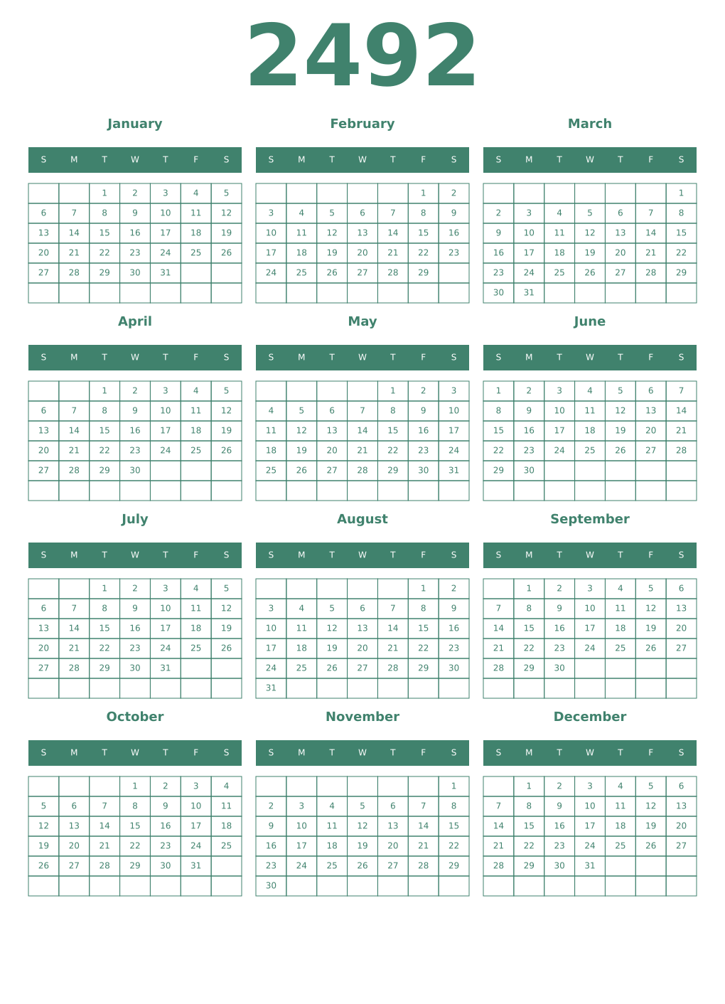 Printable 2492 Year Calendars viridian
