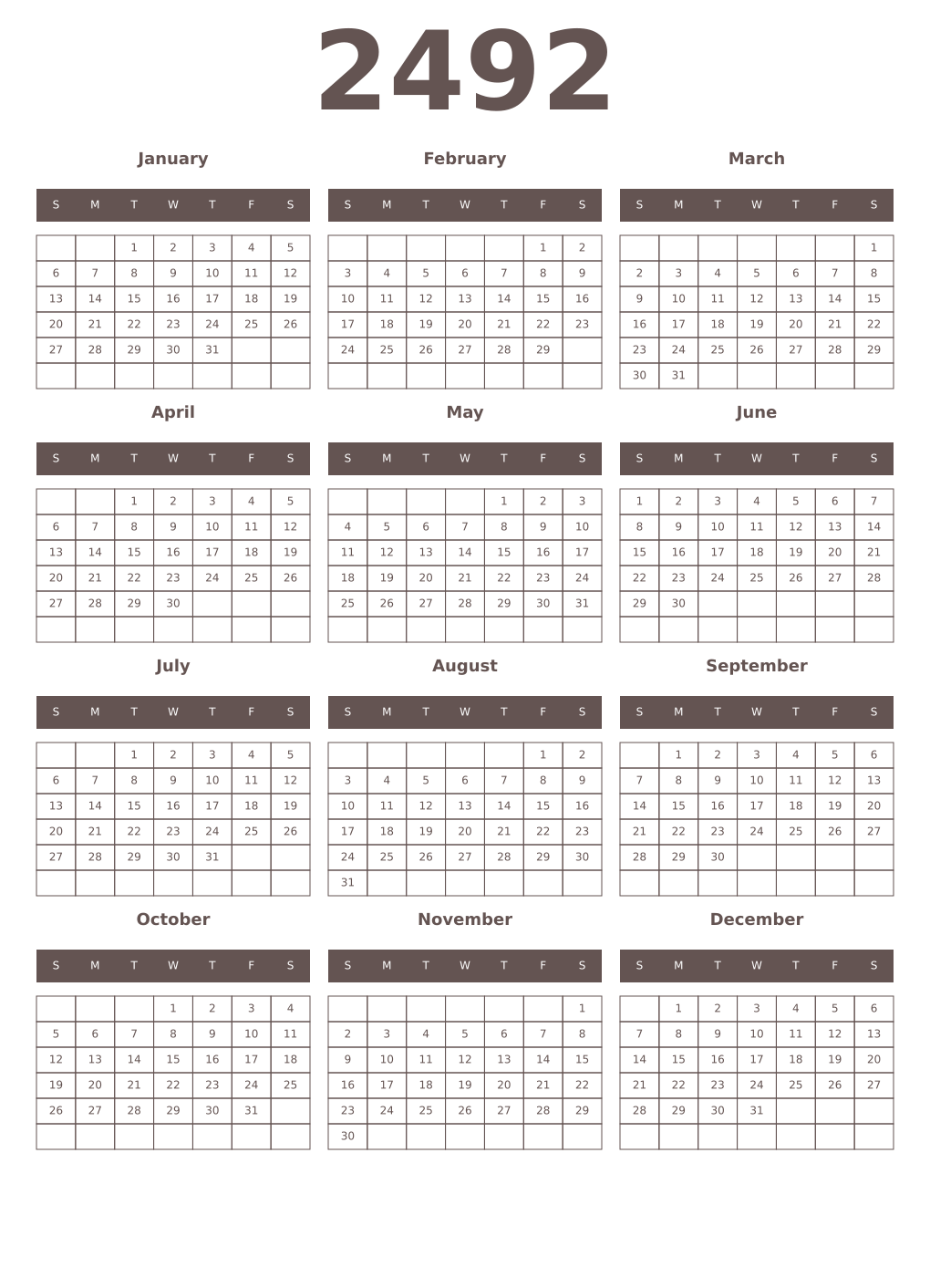 Printable 2492 Year Calendars wenge