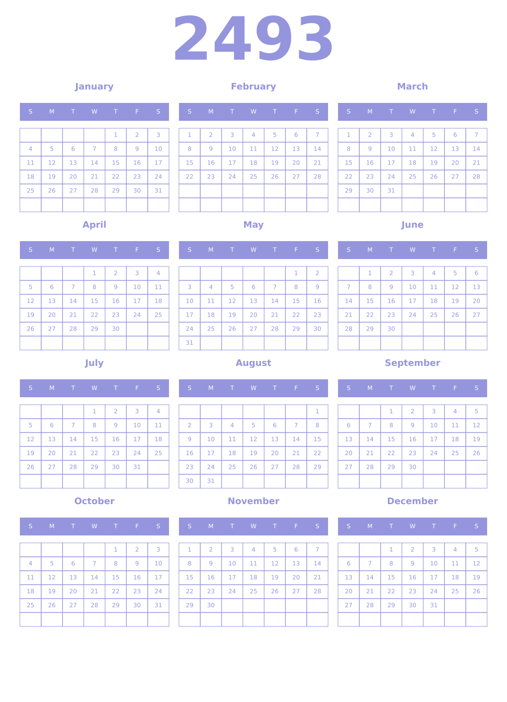 Printable 2493 Year Calendars periwinkle