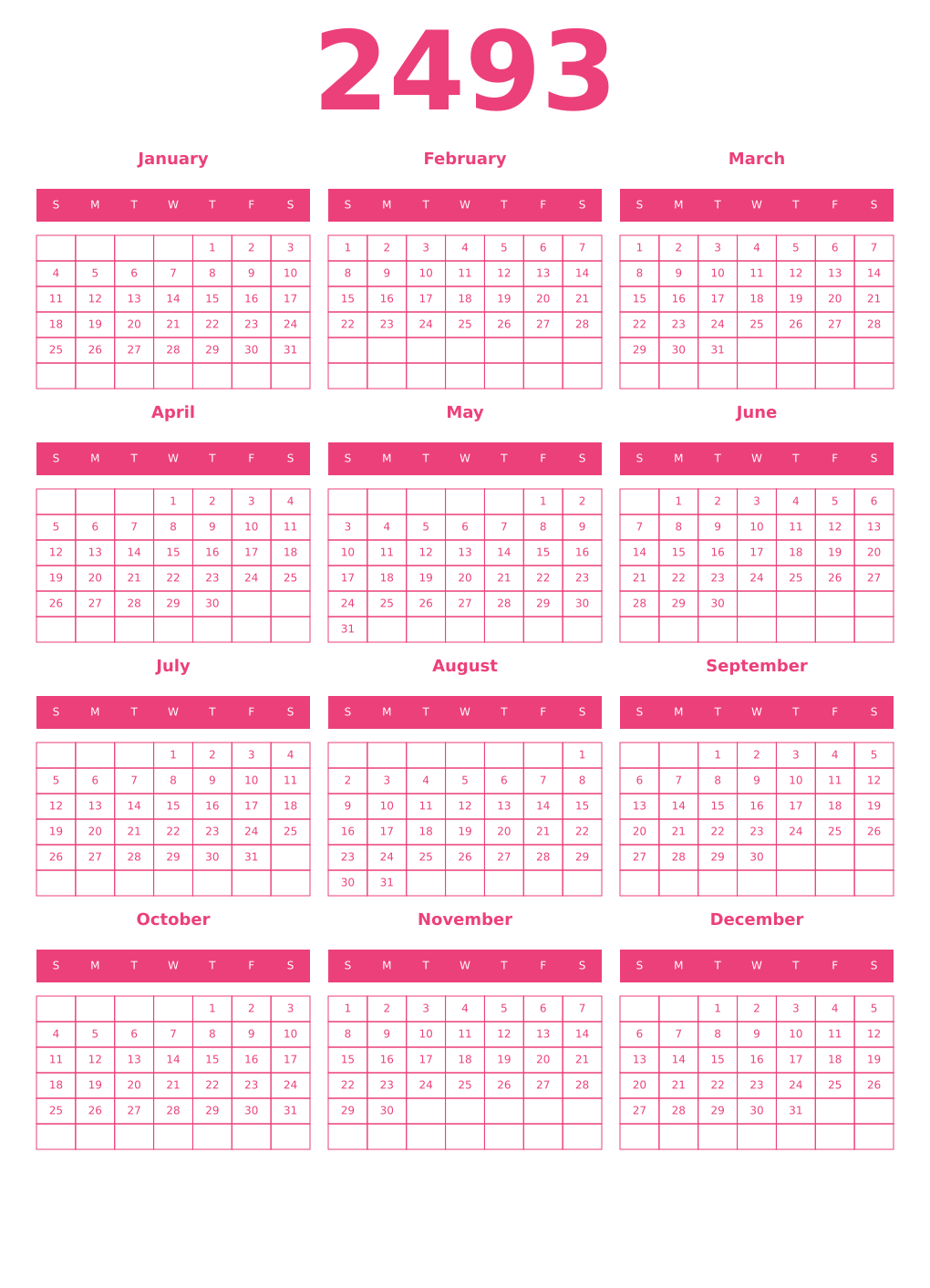 Printable 2493 Year Calendars pink