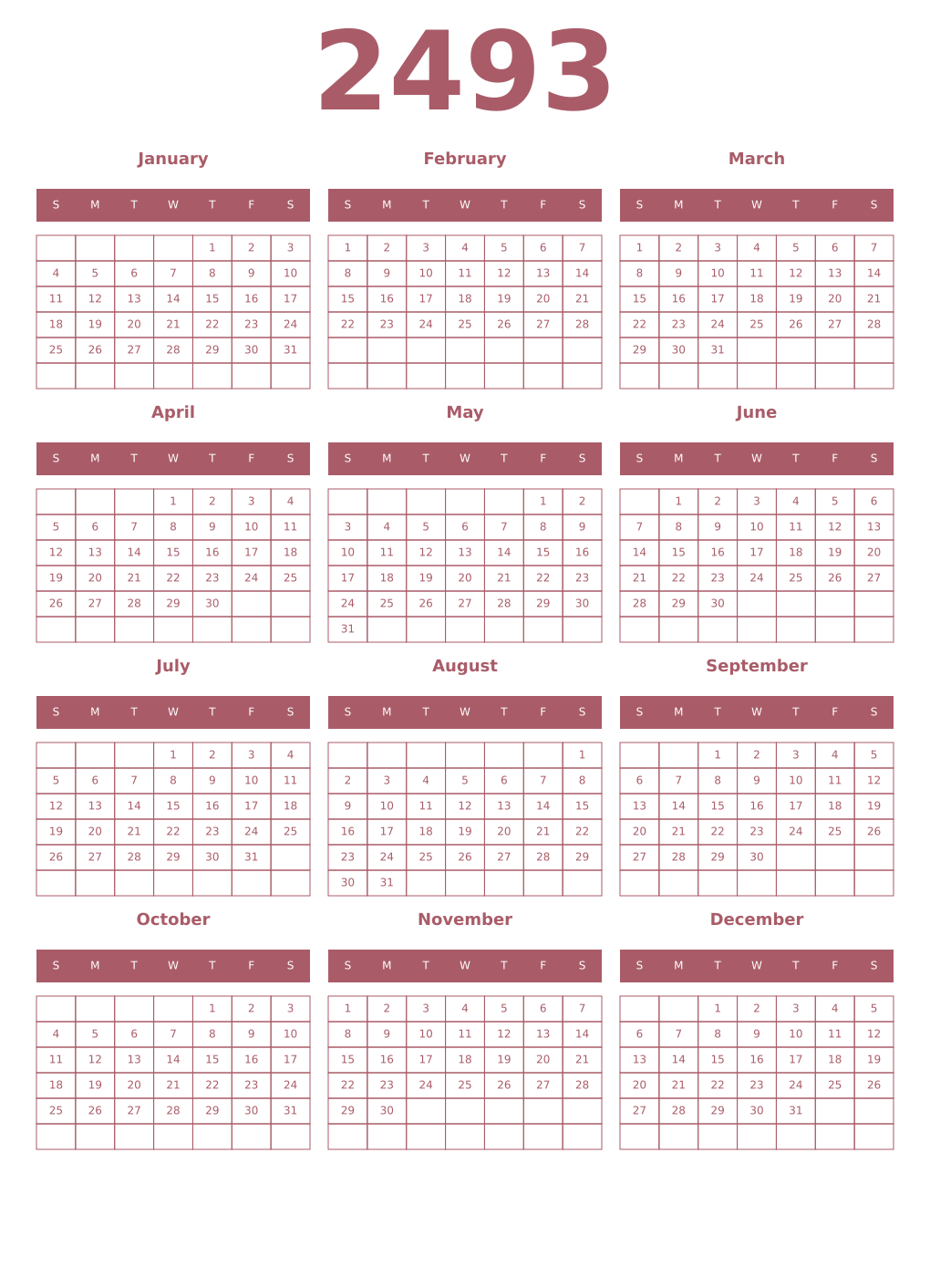 Printable 2493 Year Calendars puce