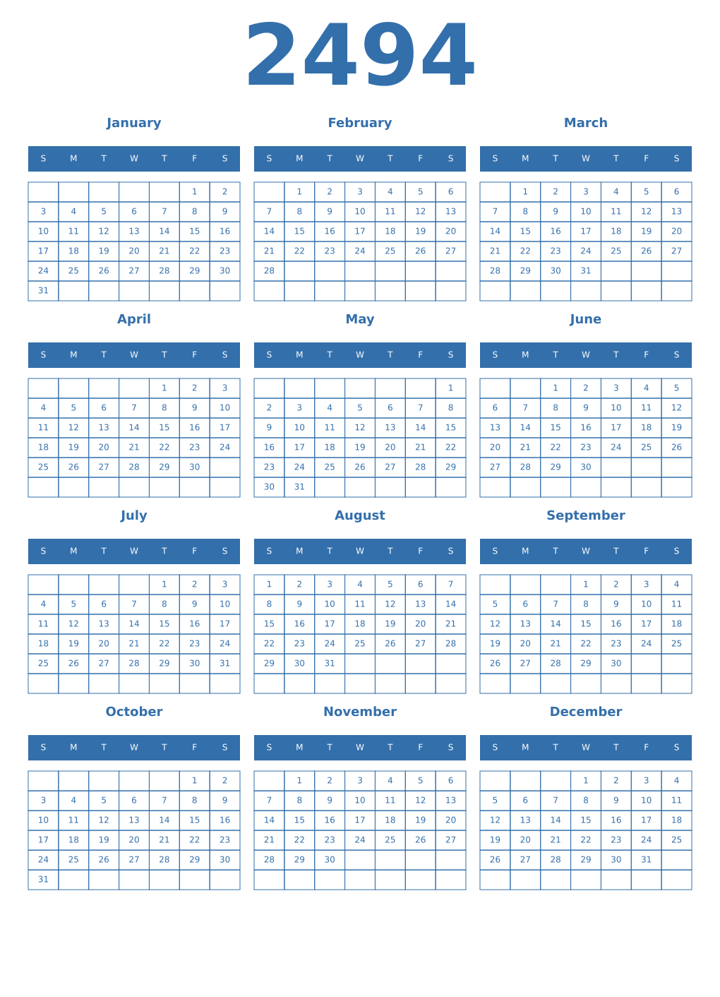 Printable 2494 Year Calendars blue