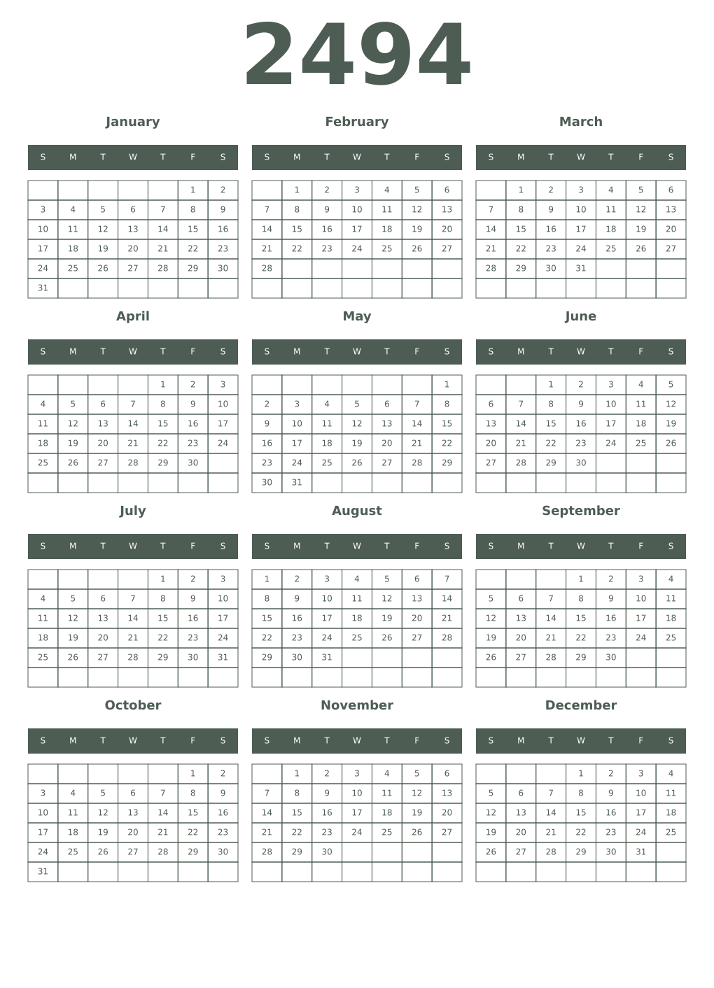 Printable 2494 Year Calendars feldgrau