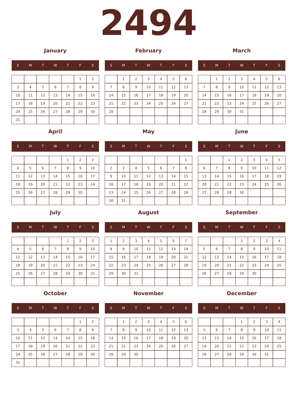 Printable 2494 Year Calendars mortuum