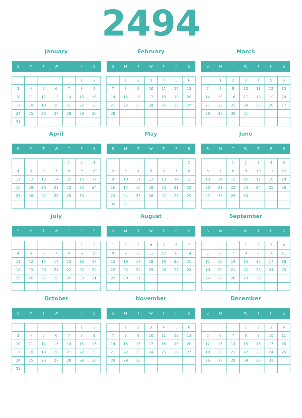 Printable 2494 Year Calendars verdigris