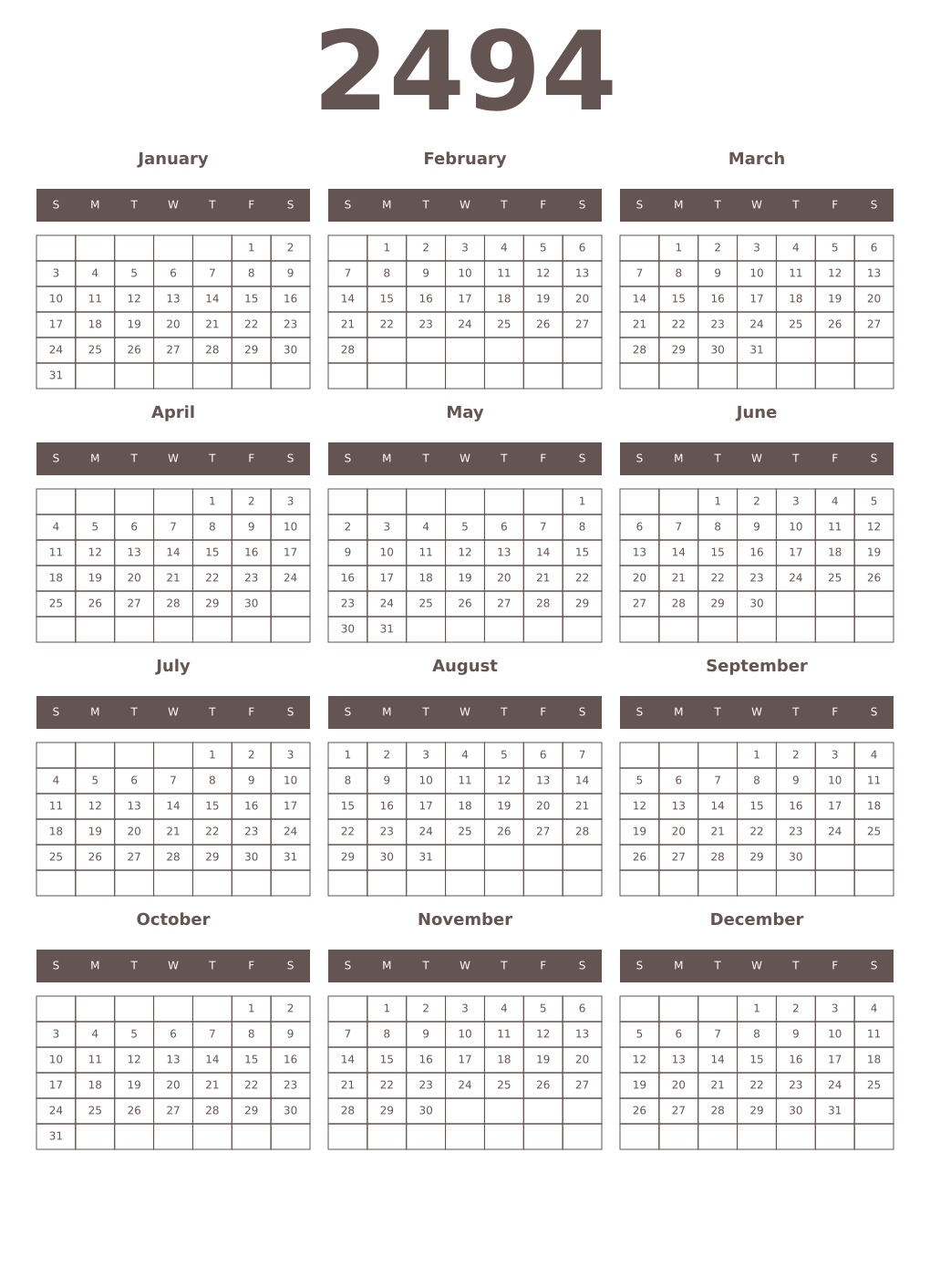 Printable 2494 Year Calendars wenge