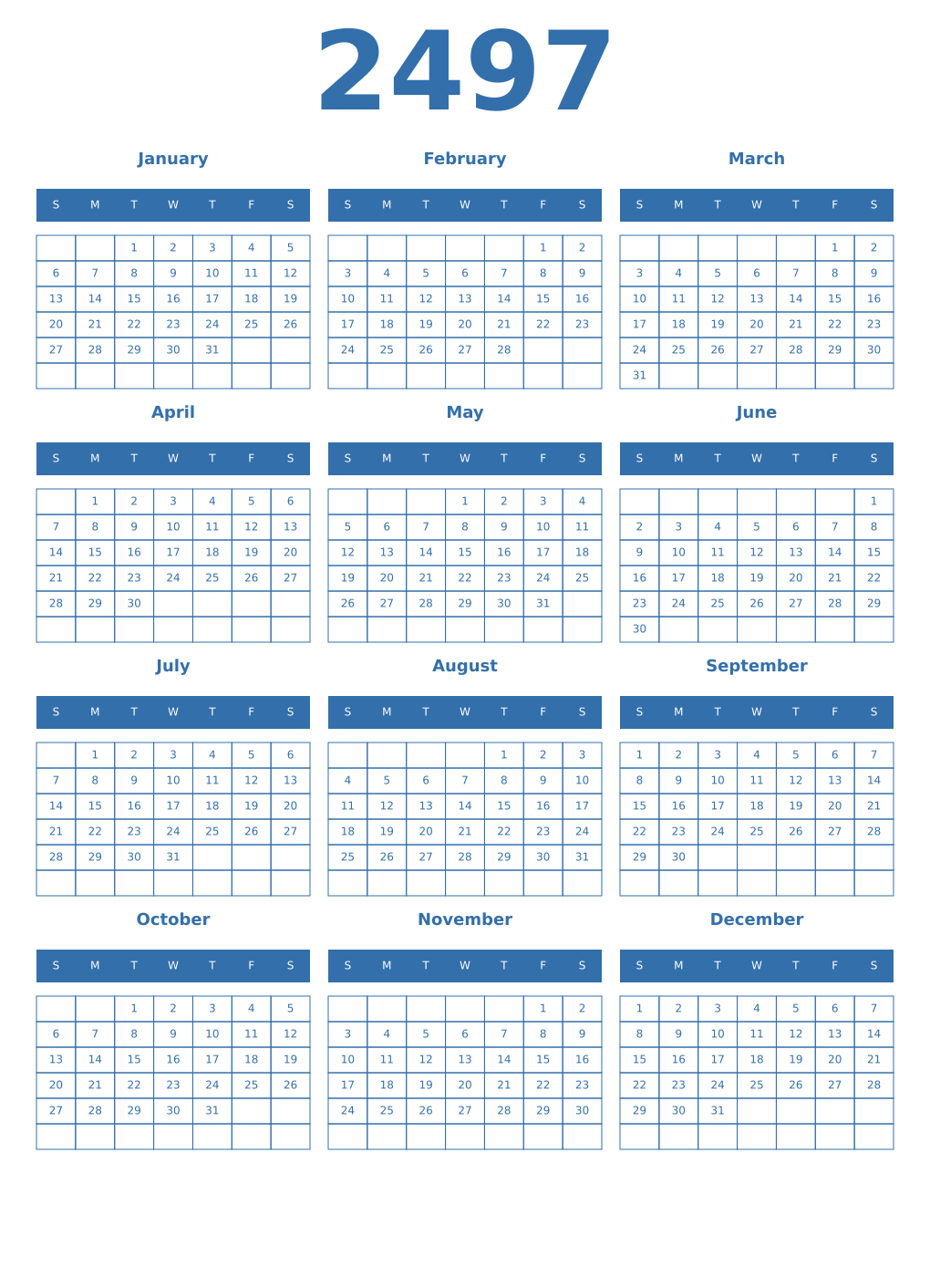 Printable 2497 Year Calendars blue