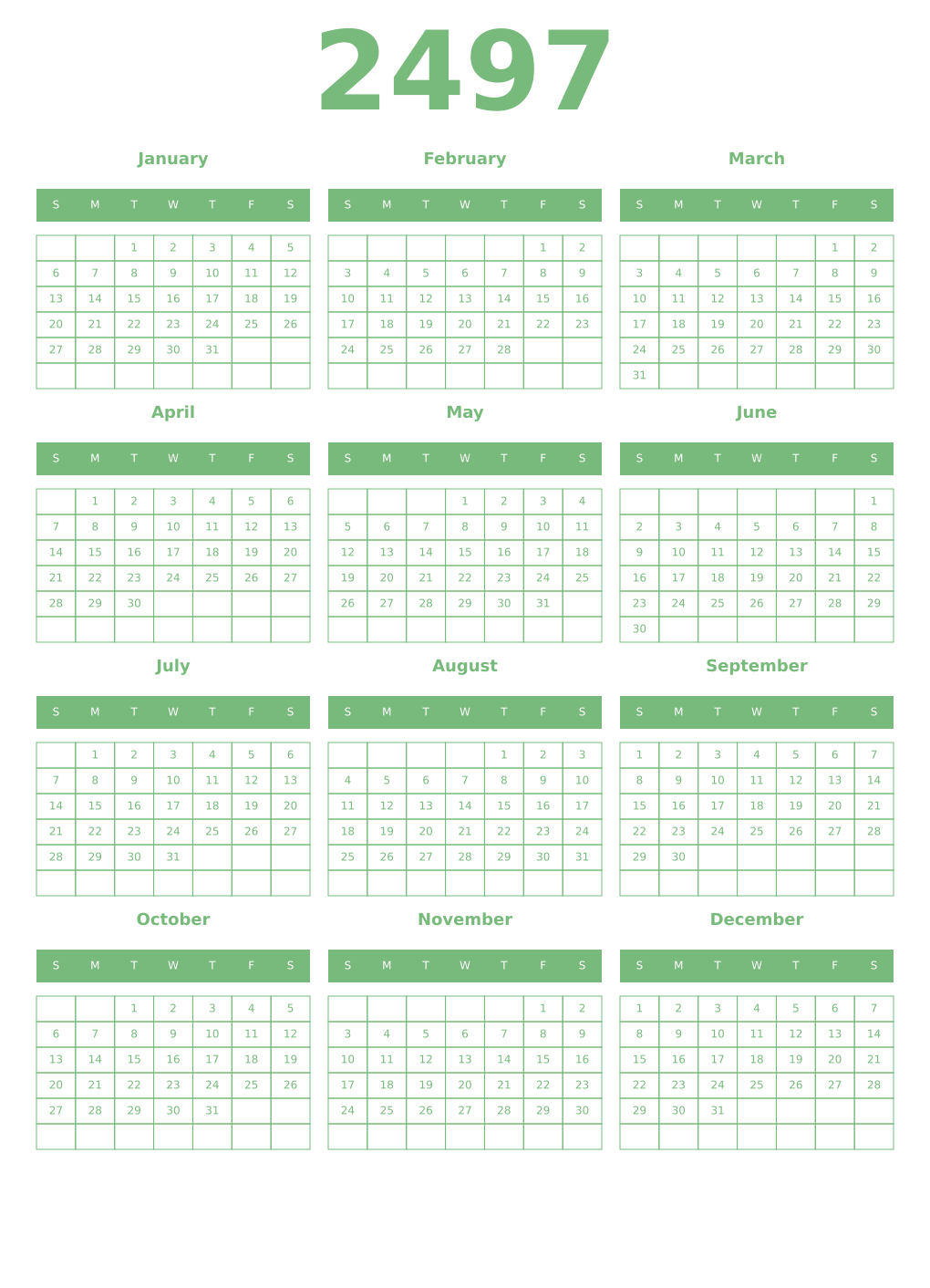 Printable 2497 Year Calendars celadon