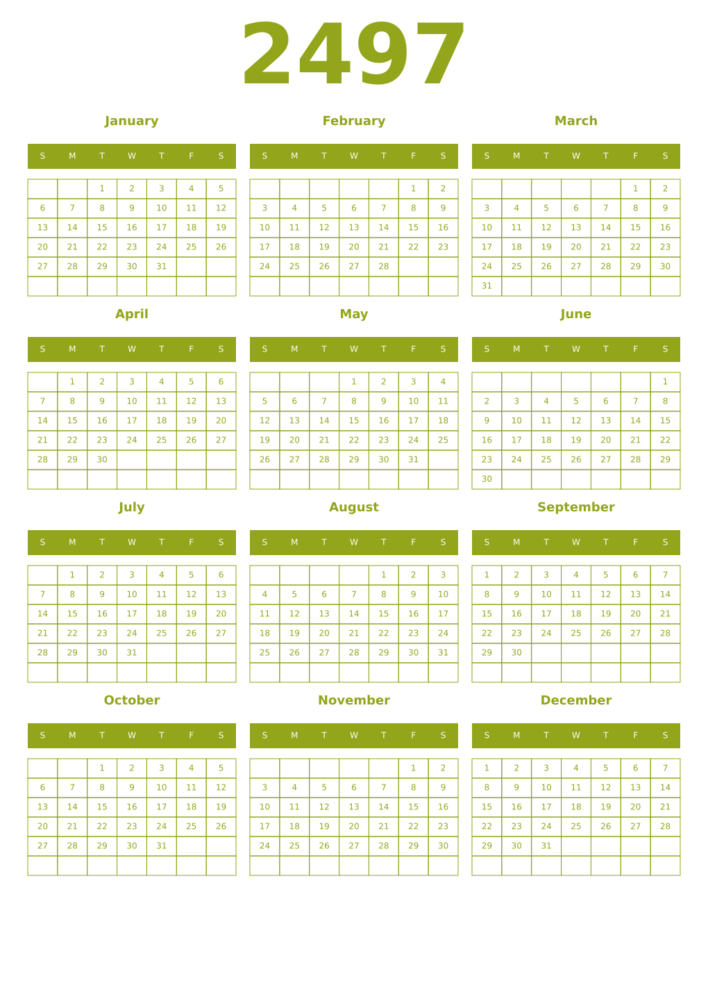 Printable 2497 Year Calendars chartreuse