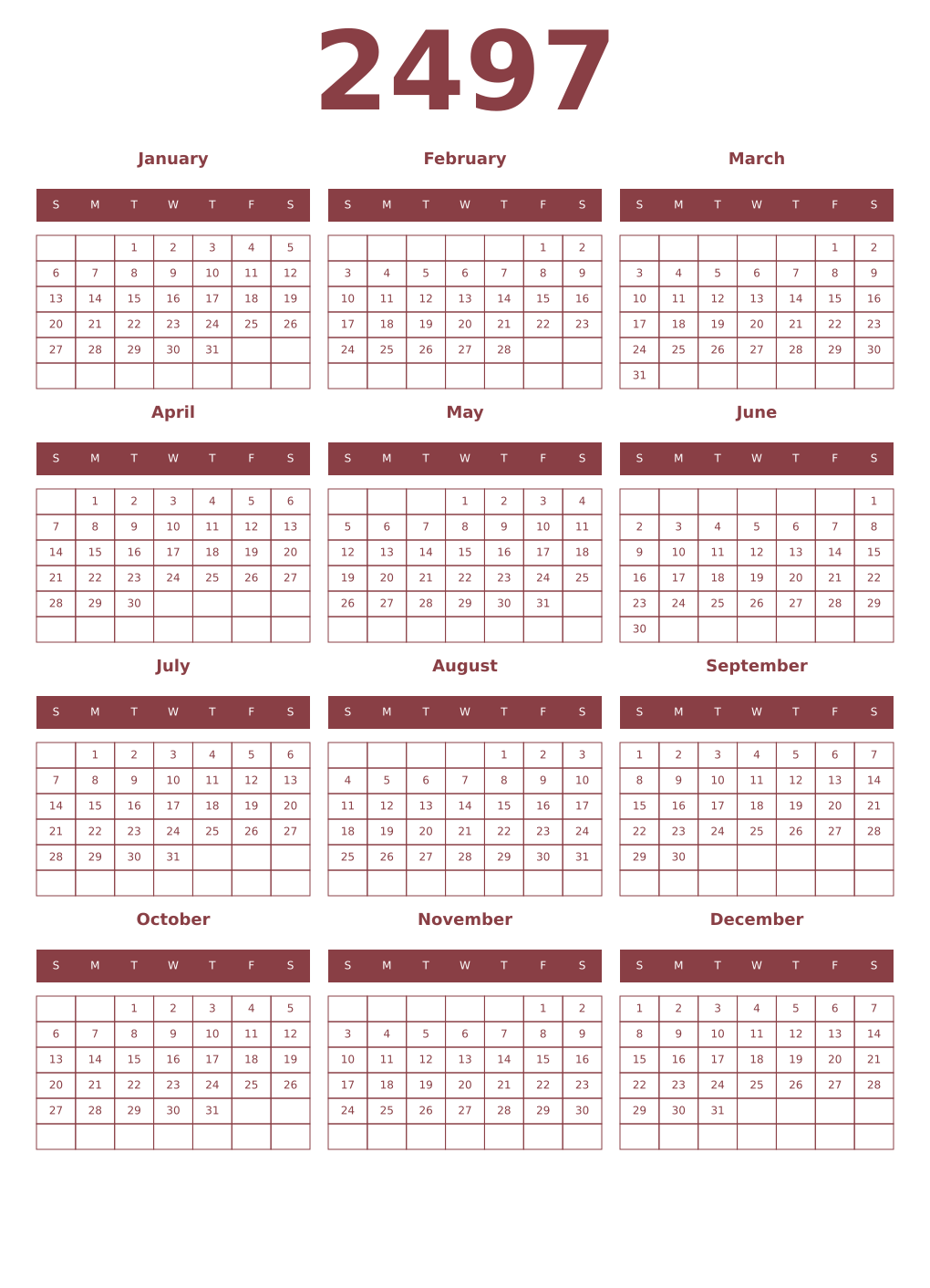 Printable 2497 Year Calendars cordovan