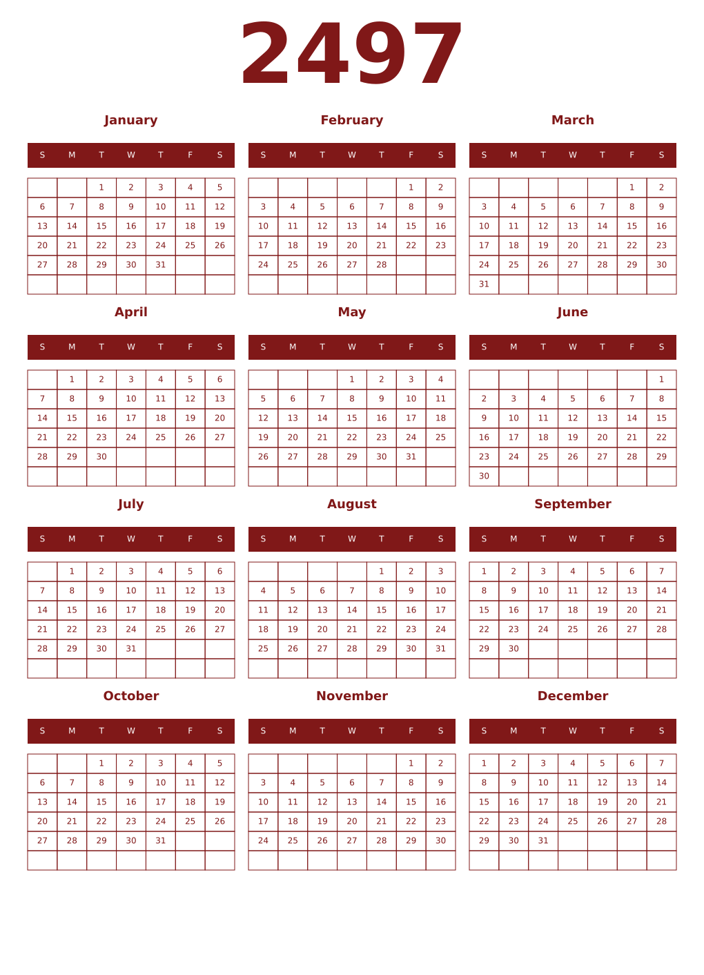 Printable 2497 Year Calendars falu