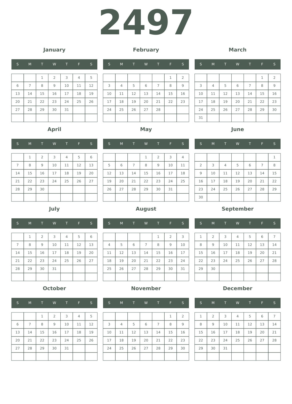 Printable 2497 Year Calendars feldgrau