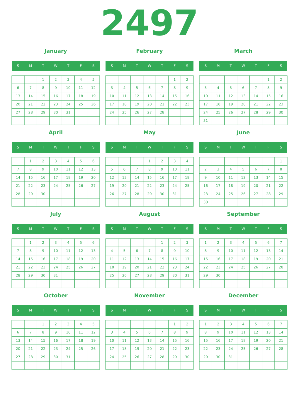 Printable 2497 Year Calendars green