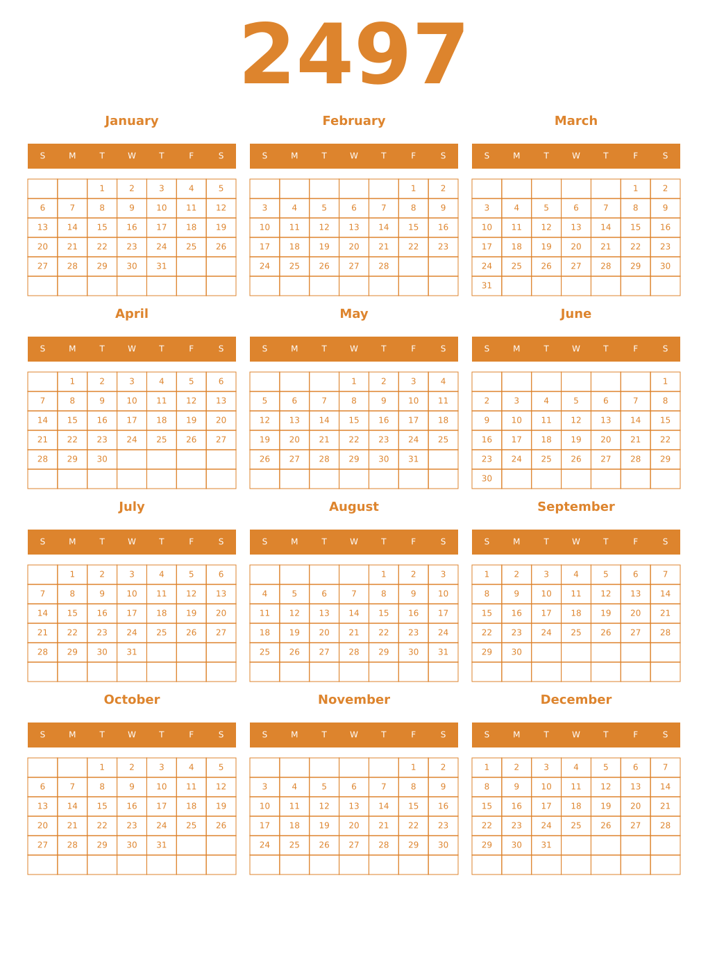 Printable 2497 Year Calendars orange