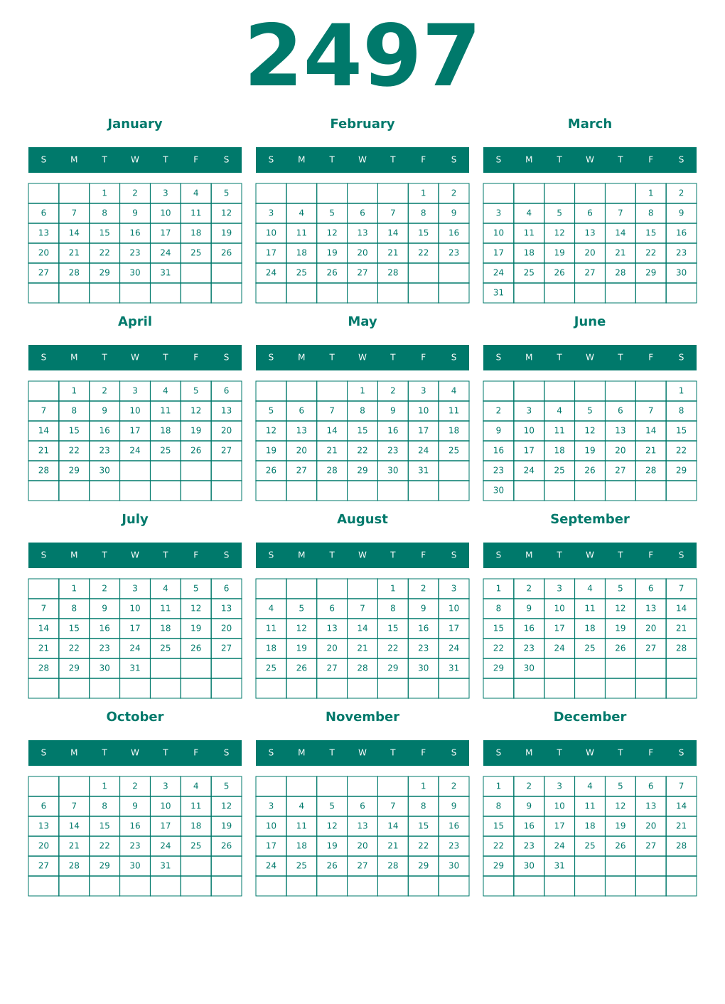 Printable 2497 Year Calendars pastel