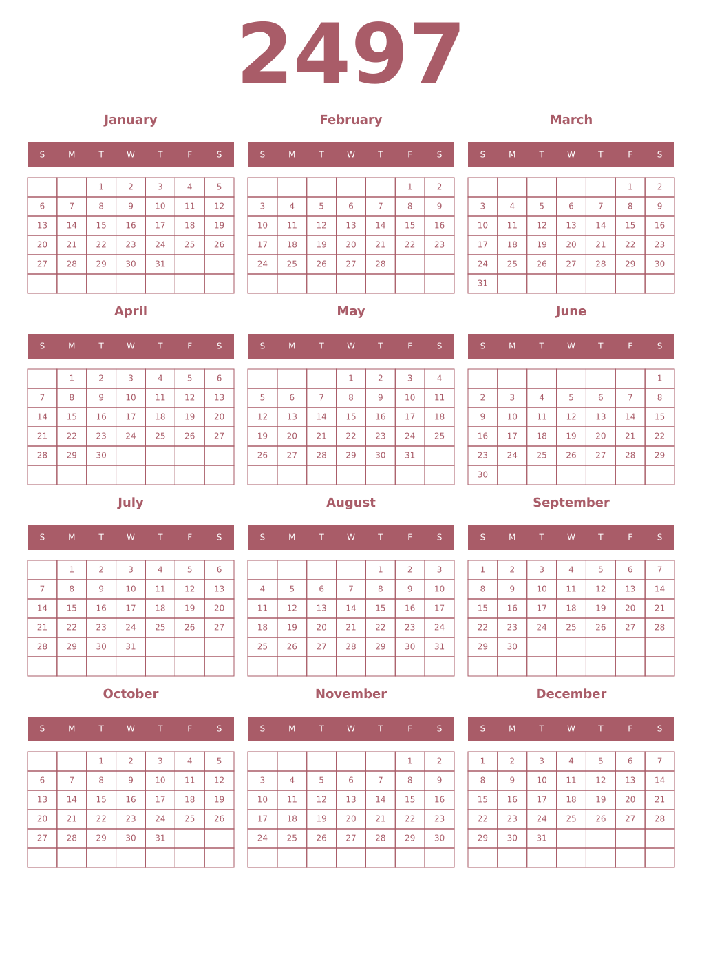 Printable 2497 Year Calendars puce