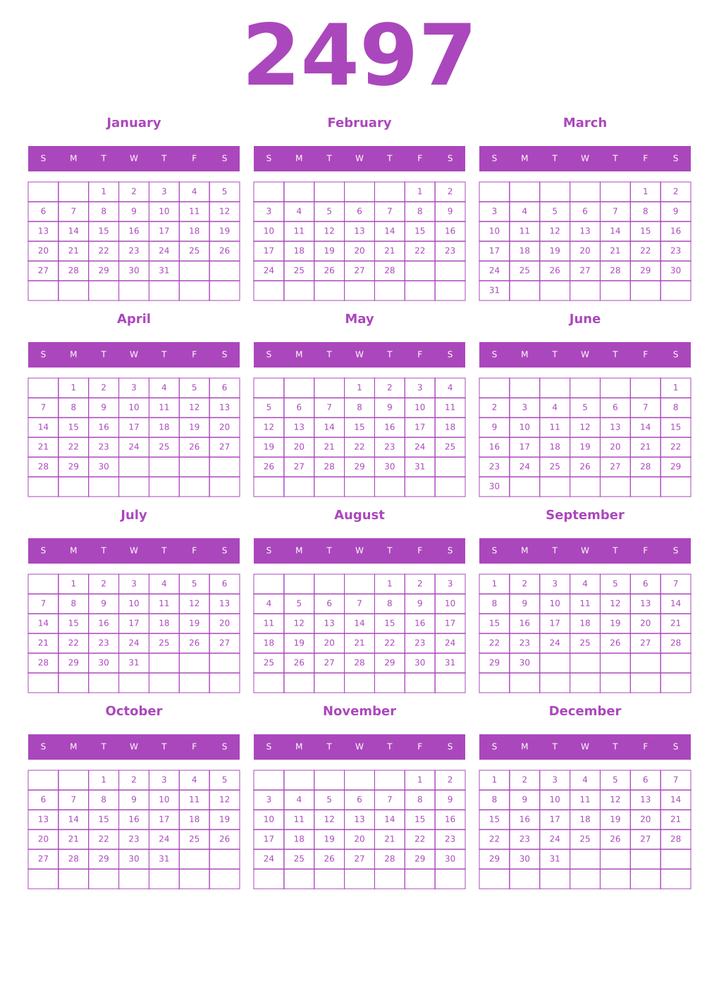 Printable 2497 Year Calendars purple