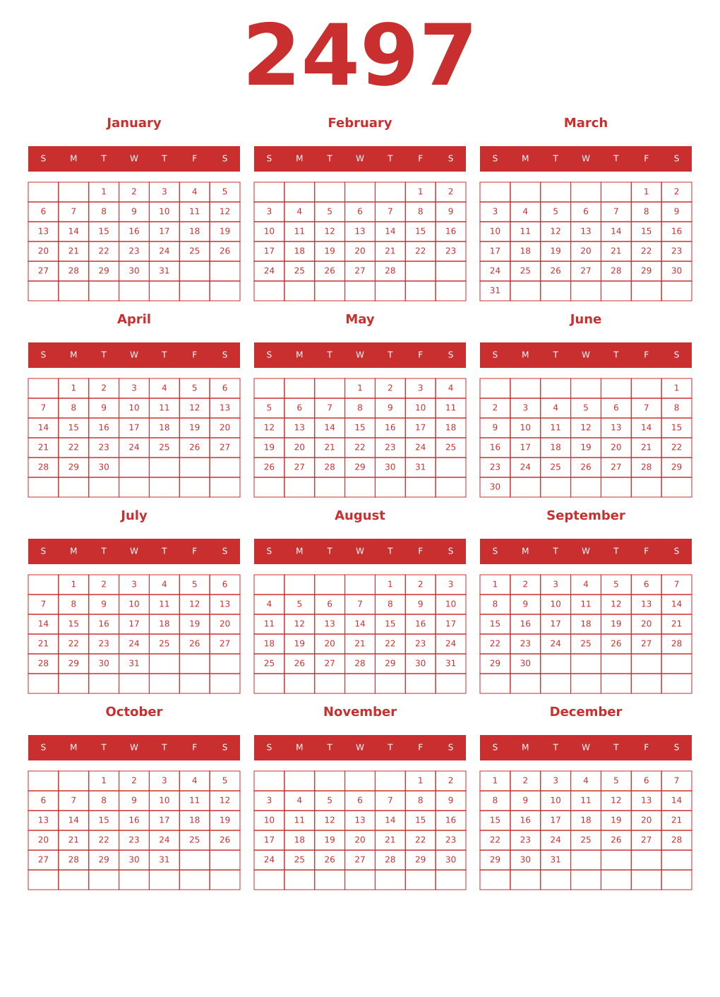 Printable 2497 Year Calendars red