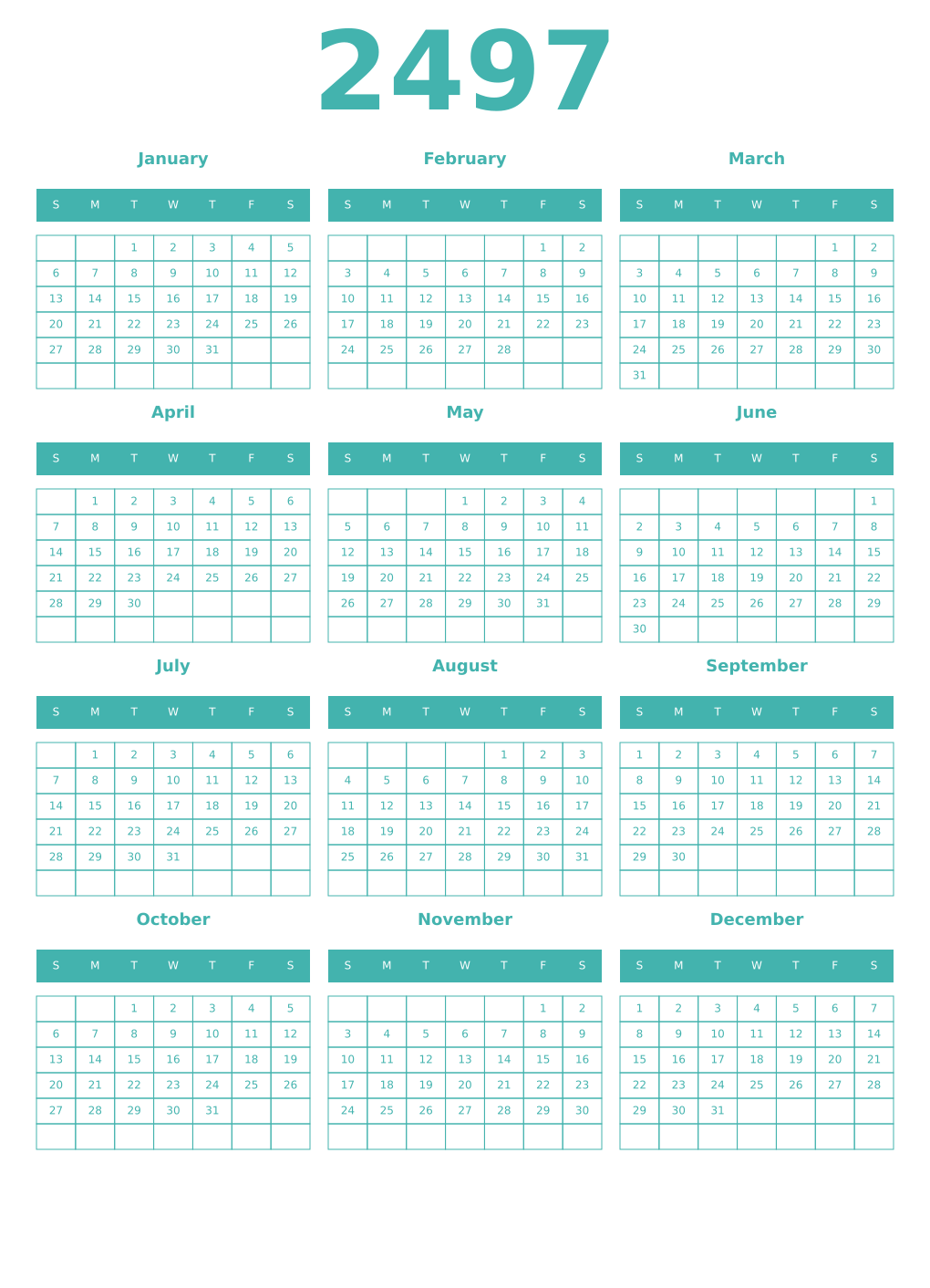 Printable 2497 Year Calendars verdigris