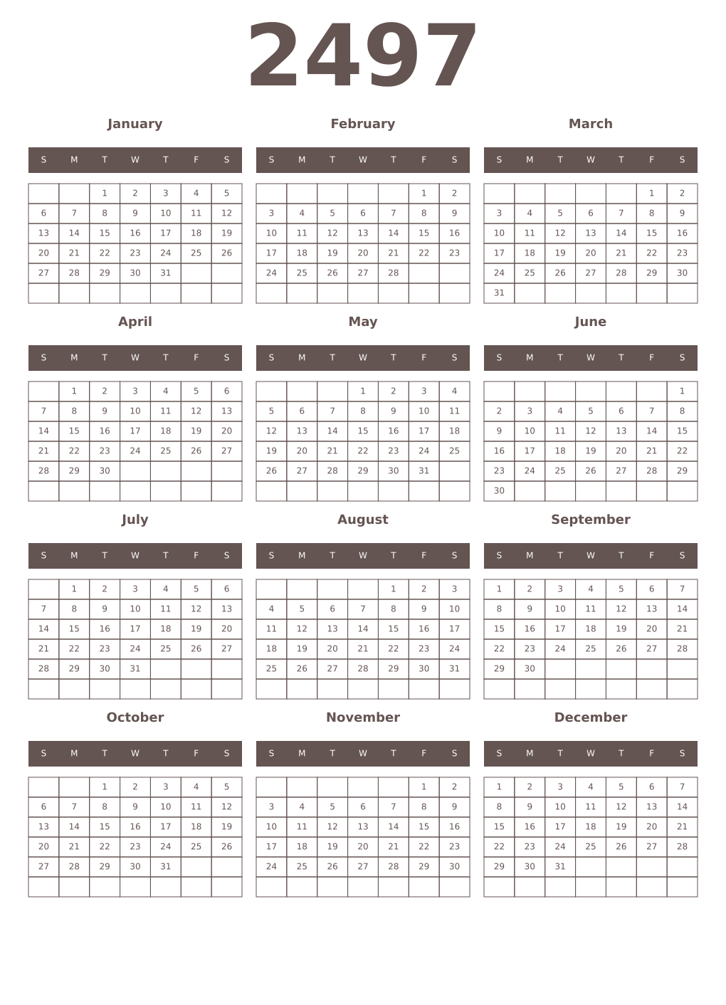 Printable 2497 Year Calendars wenge