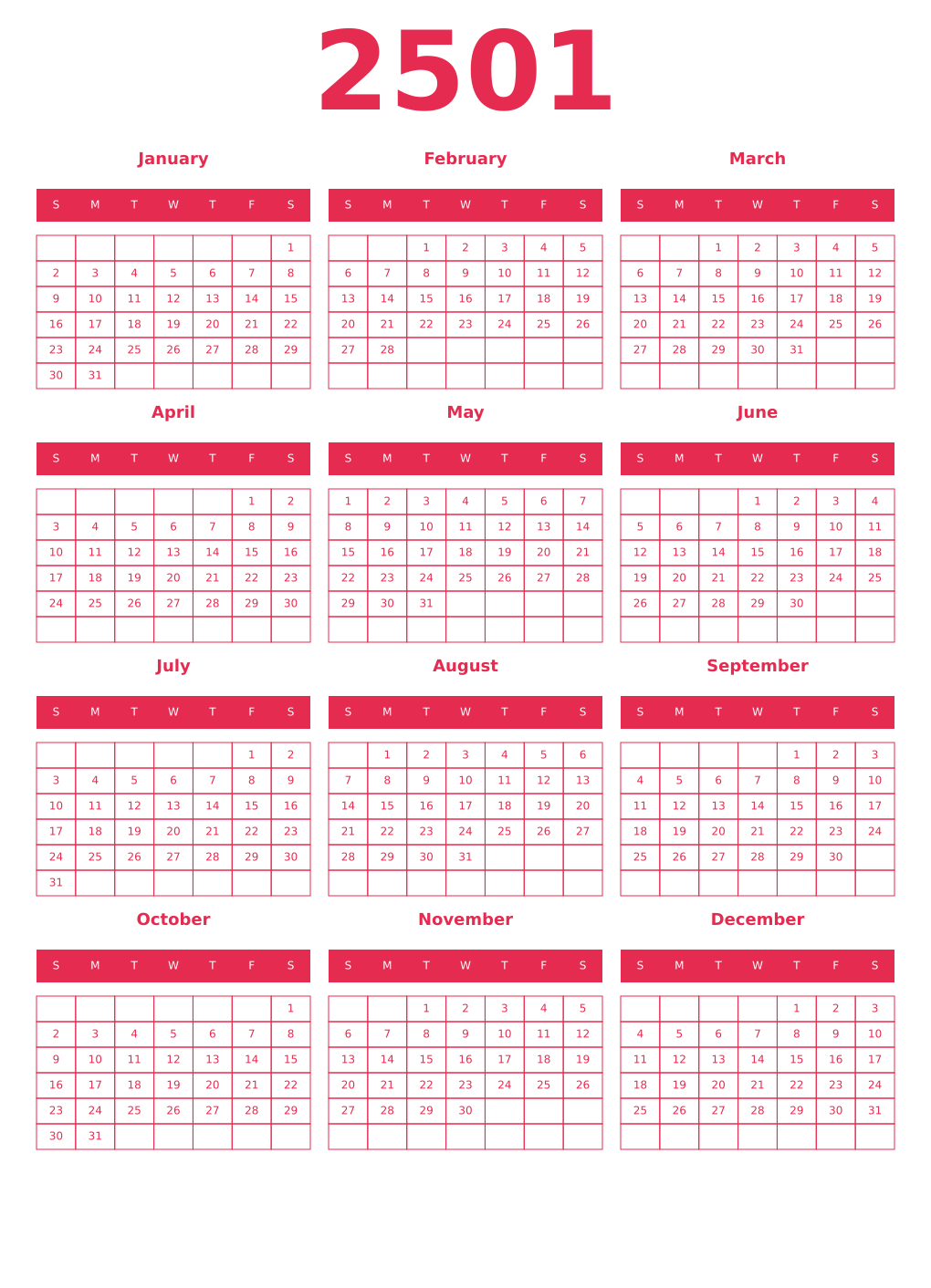 Printable 2501 Year Calendars amaranth