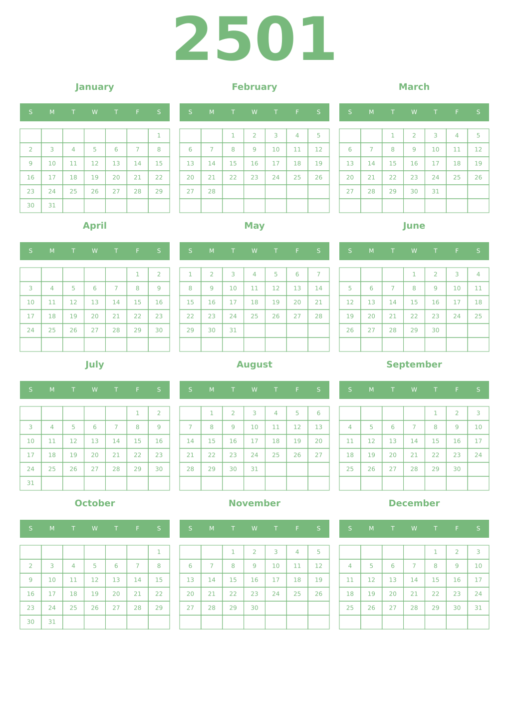 Printable 2501 Year Calendars celadon
