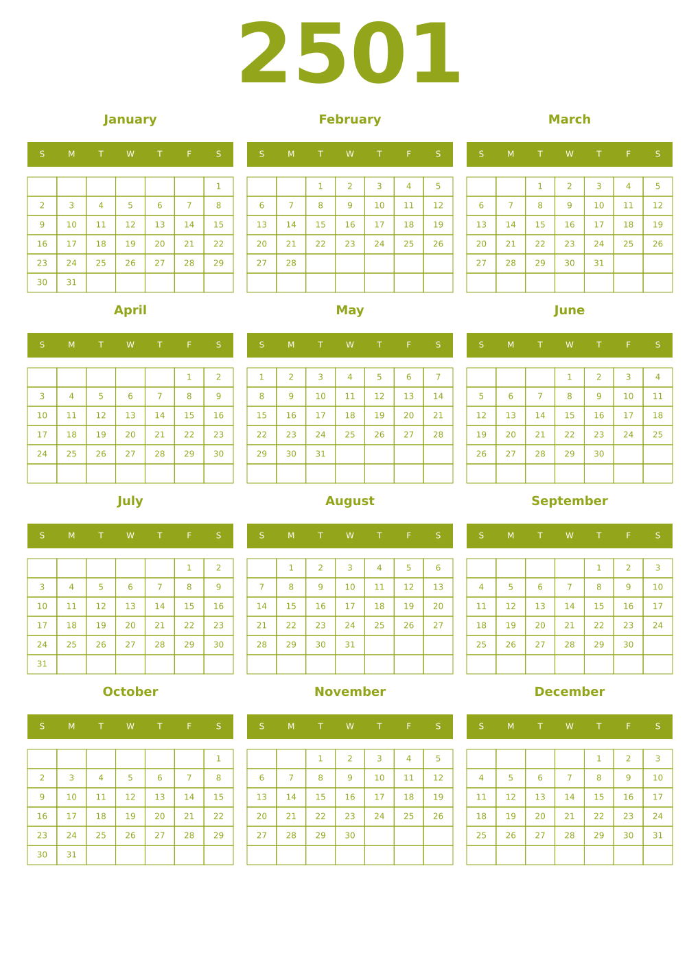 Printable 2501 Year Calendars chartreuse