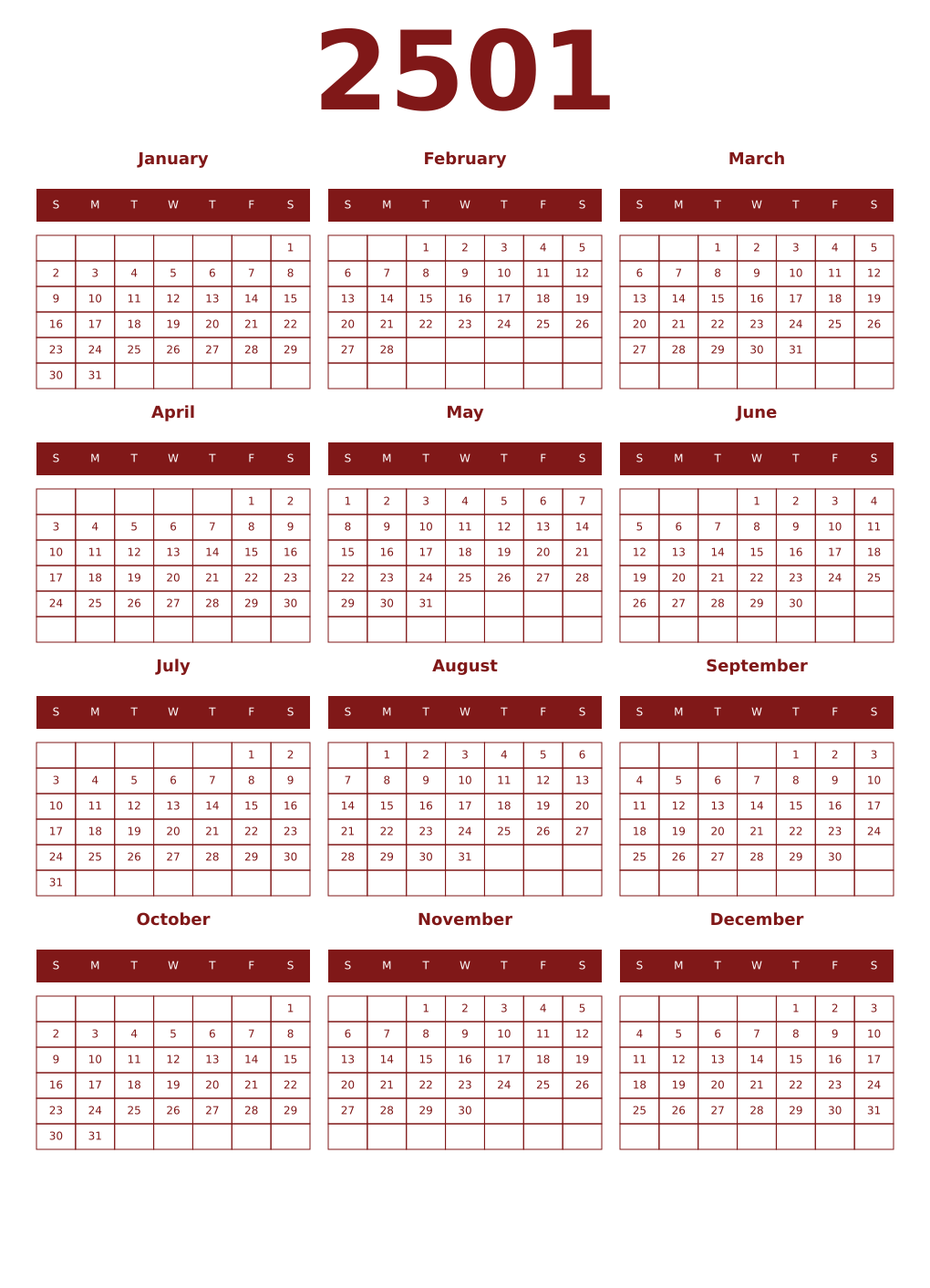Printable 2501 Year Calendars falu