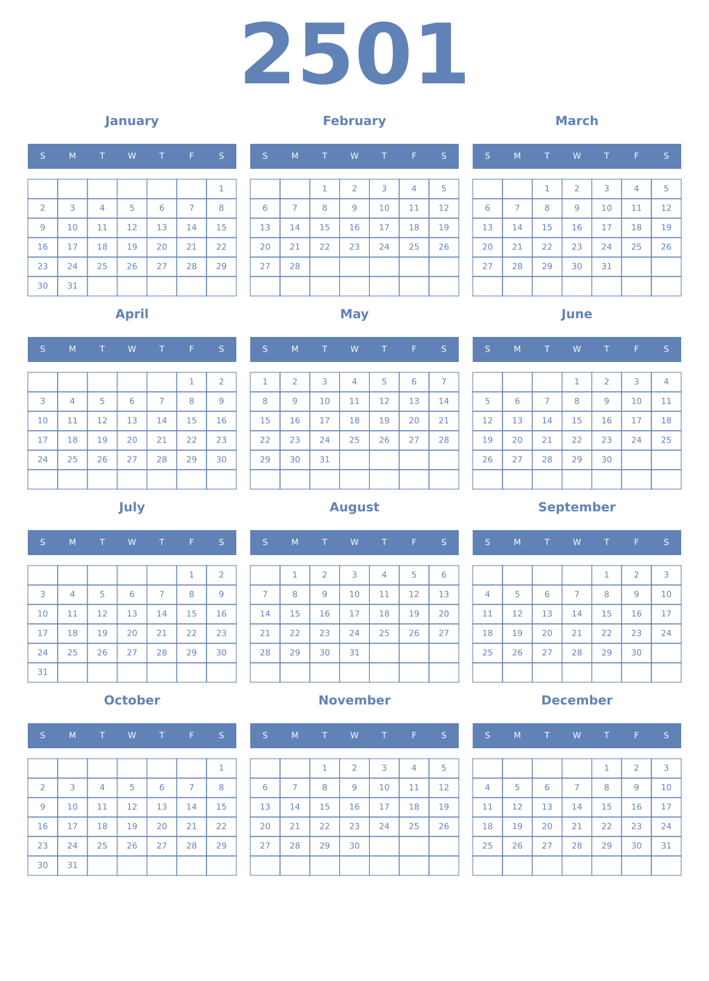 Printable 2501 Year Calendars glaucous