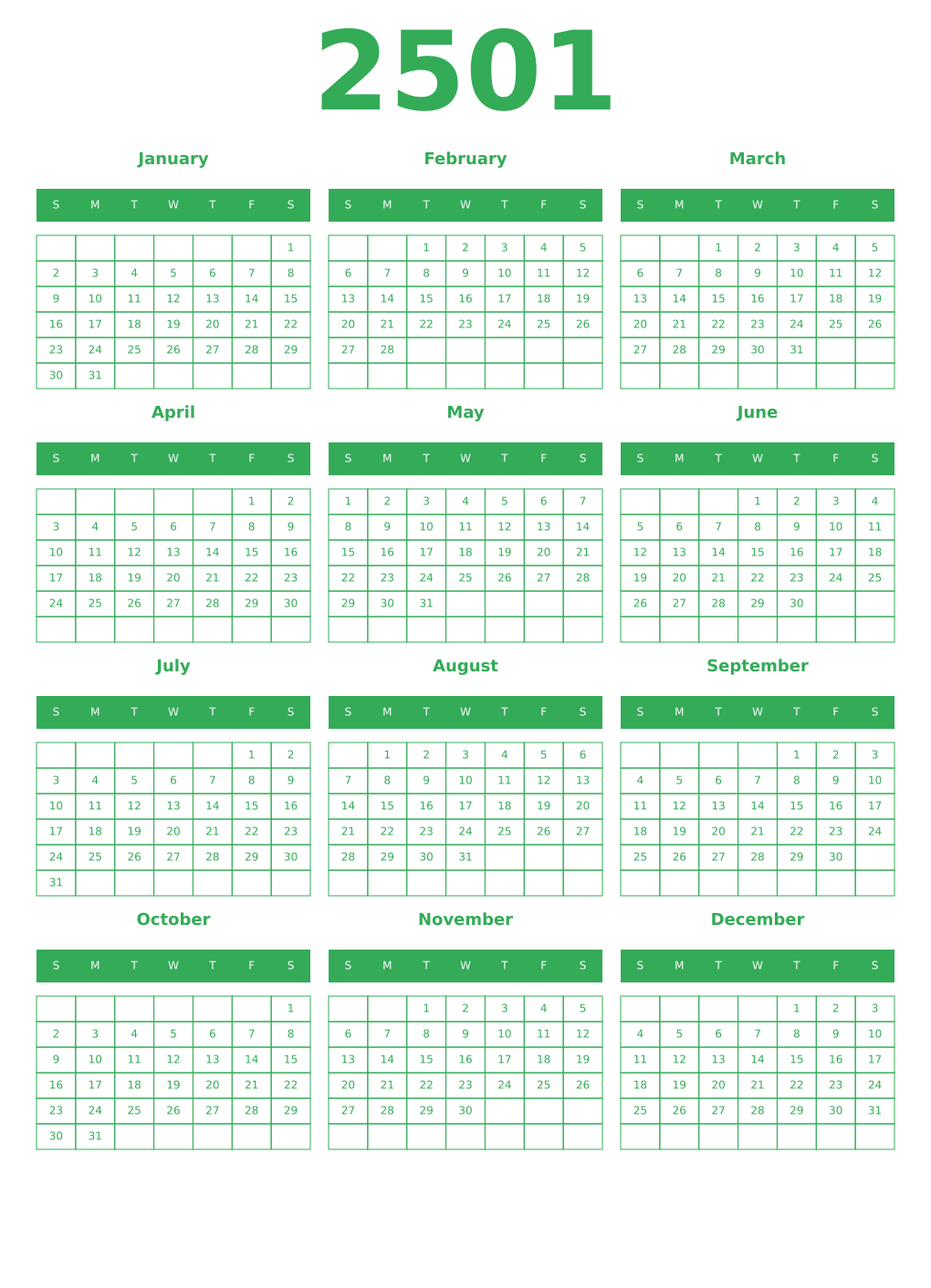 Printable 2501 Year Calendars green