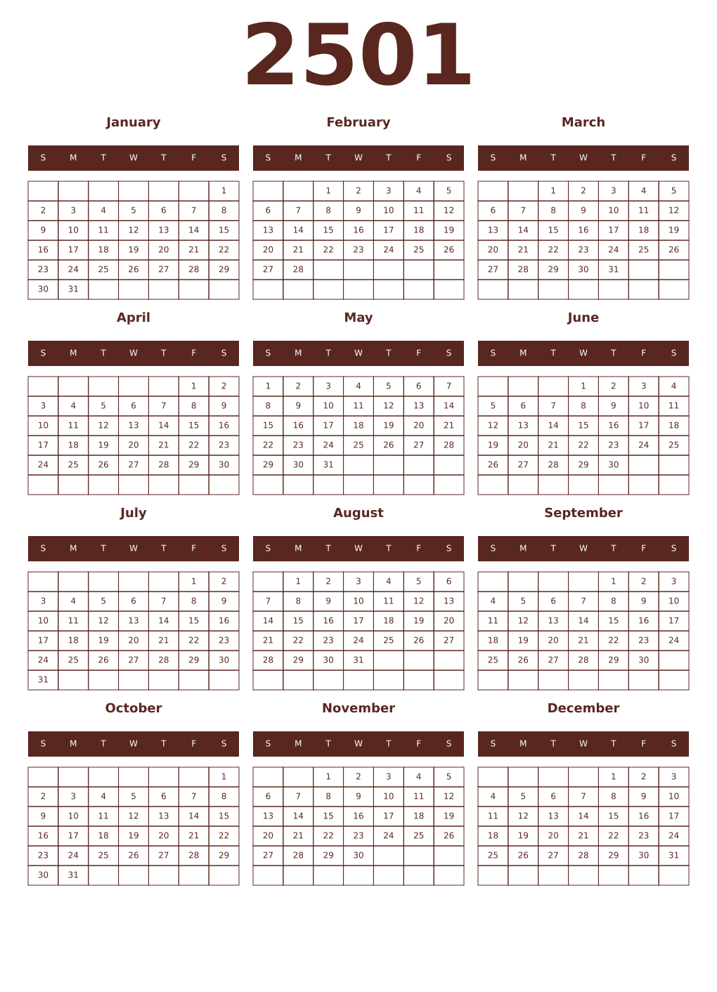 Printable 2501 Year Calendars mortuum