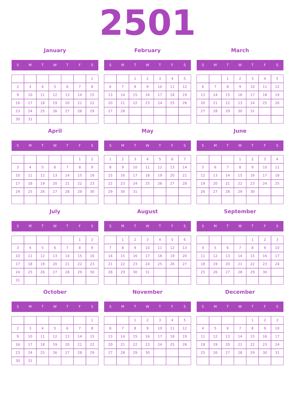 Printable 2501 Year Calendars purple