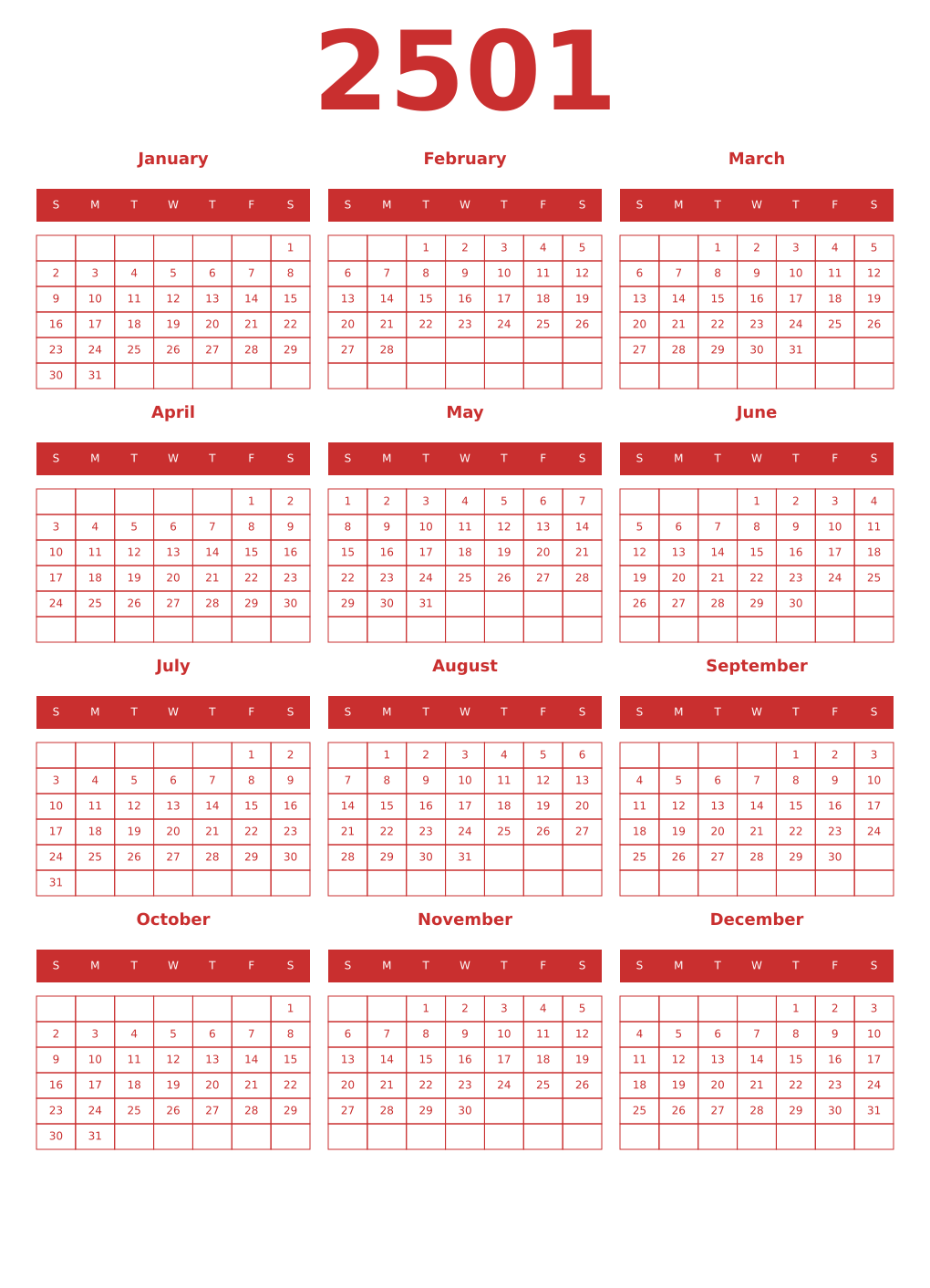 Printable 2501 Year Calendars red