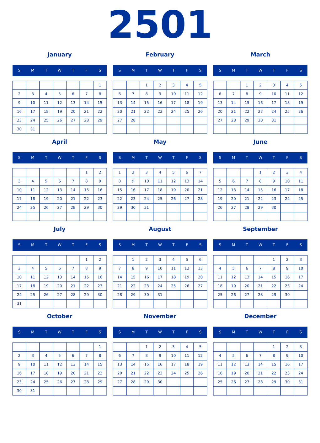 Printable 2501 Year Calendars smalt