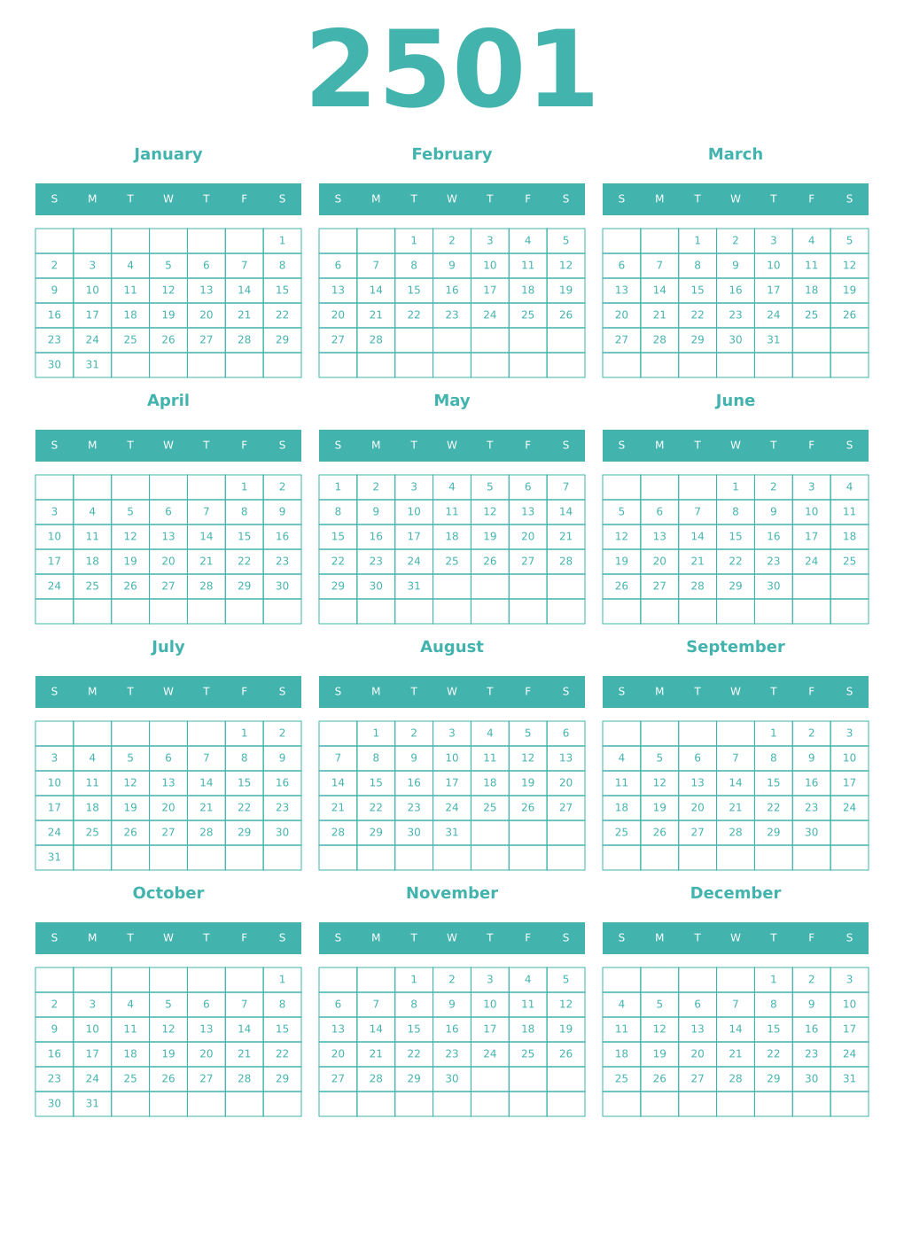 Printable 2501 Year Calendars verdigris
