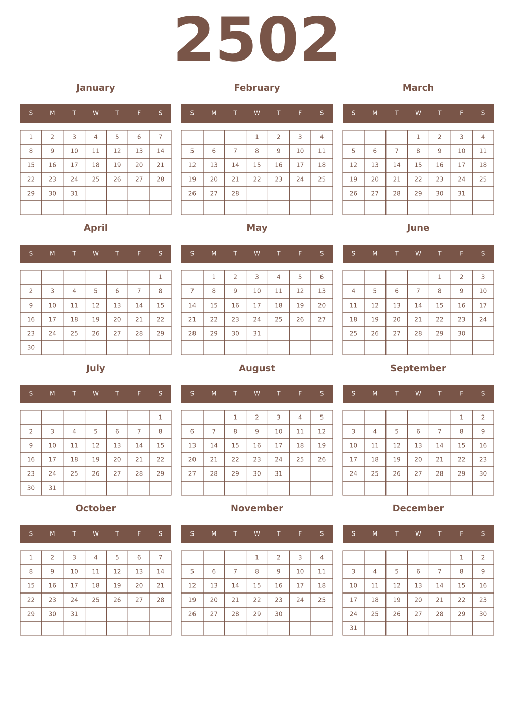 Printable 2502 Year Calendars coffe