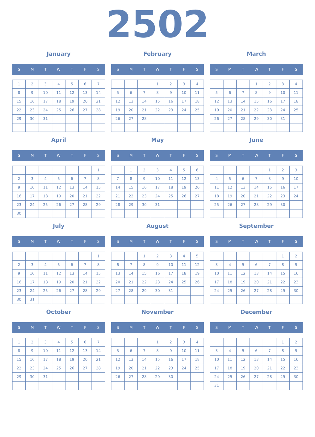 Printable 2502 Year Calendars glaucous